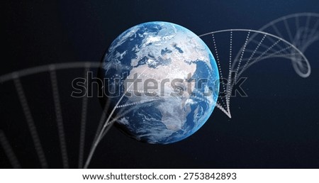 Displaying rendered Earth globe floating in outer space, with dotted helix trajectories. Planet, cosmos, orbital, arcs, luminous, astral, futuristic