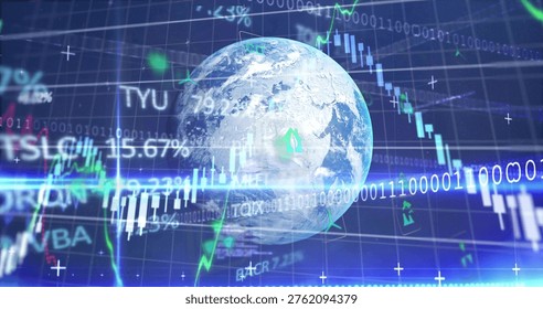 Displaying rendered Earth globe rotating in trading dashboard, showing candlesticks, TSLA ticker. Global, holographic, fintech, visualization, data, linegraphs, binary