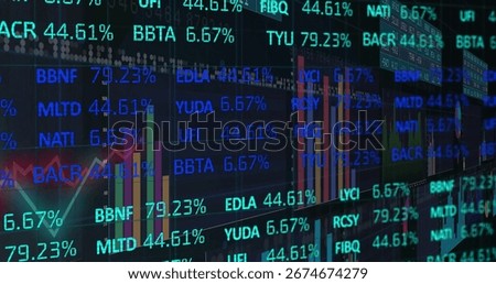Displaying scrolling stock tickers and color-coded bar graphs on LED screens in trading hub. Technology, finance, analysis, innovation, data, analytics, investment