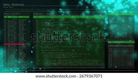 Displaying secure data terminal UI on screen, with code text, waveform visualizer and hex dump rows. Futuristic, cyber, digital, technology, security, interface, code