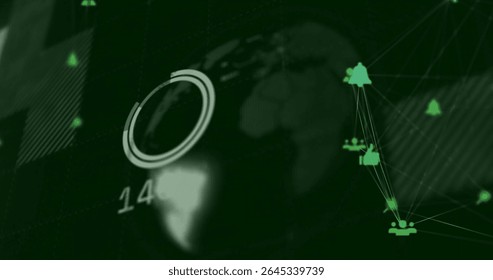 Displaying semi-transparent globe rotating at data dashboard, numeric overlay 14 and progress ring. Interface, visualization, technology, network, digital, analytics, futuristic