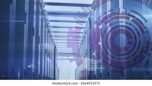 Displaying server aisle with LEDs and cable trays in data center corridor, with interface overlay. Technology, data, cybersecurity, network, digital, innovation, infrastructure