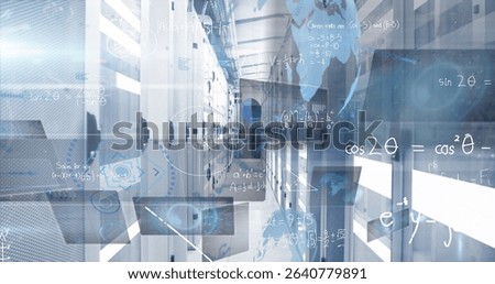 Displaying server racks in data center, with holographic math equations and world map overlay. Futuristic, technology, digital, innovation, cybersecurity, network, analytics