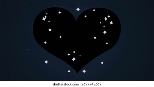 Displaying solid heart shape filling center of navy canvas, with glowing diamond and star sparkles. Romantic, elegance, modern, minimalist, nightscape, luminosity, illustration
