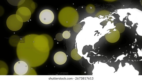 Displaying stylized dotted world map on dark background, with yellow-green bokeh lights, copy space. Abstract, digital art, infographic, graphic design, futuristic, visual, technology