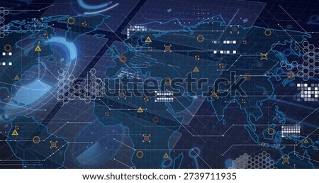 Displaying stylized global map occupying center of virtual dashboard, showing HUD panels, hex grids. Geospatial, cybersecurity, analytics, visualization, interface, neon, blue