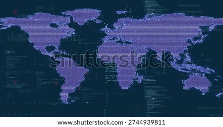 Displaying stylized world map graphic spanning digital dashboard, with glowing data nodes and code. Pixelated, globe, visualization, analytics, cybersecurity, interface, teal