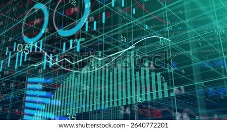 Displaying teal bar chart in dashboard showing numeric grid overlays, fluctuating line graph, rings. Digital, futuristic, data, analysis, visualization, technology, finance