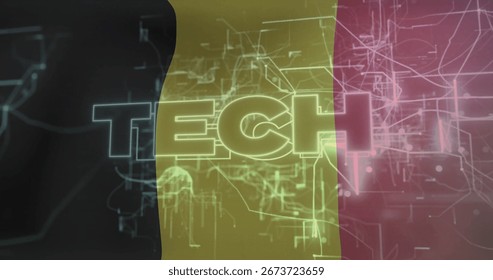 Displaying TECH graphic overlaying three vertical color panels on canvas with neon green circuitry. Futuristic, digital, neon, technology, abstract, schematic, bold