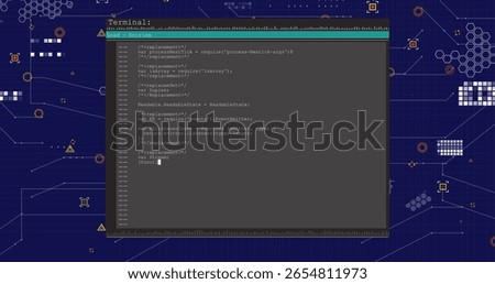 Displaying terminal window showing JavaScript code on blue circuit board, with hexagons and nodes. Technology, programming, software, digital, futuristic, network, development