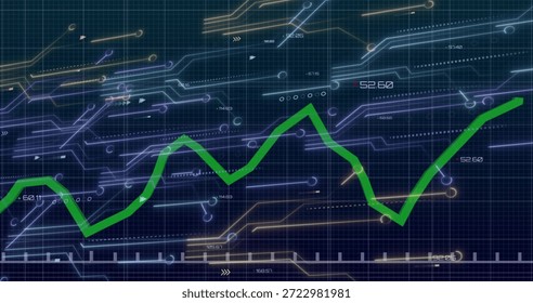 Displaying thick green zigzag trend line rising across data dashboard, with numbers, glowing nodes. Neon, grid, circuitry, analytics, finance, visualization, futuristic