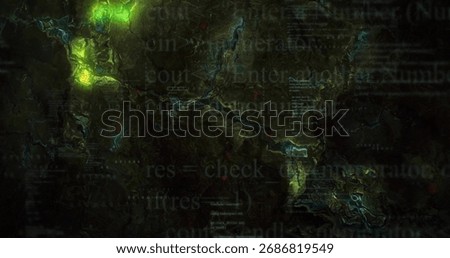 Displaying topographic visualization on dark screen, with glowing green hotspots and code fragments. Geospatial, data, futuristic, technological, cyber, digital, interface