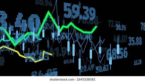 Displaying trading chart showing blue candlesticks and green lines on screen, with numeric overlays. Financial, technology, digital, modern, analytical, investment, data