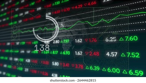 Displaying trading dashboard showing market data on monitor, with circular gauge and line charts. Financial, analytics, data visualization, technology, futurism, digital, market