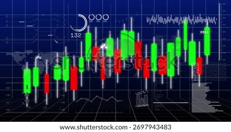 Displaying trading interface showing candlestick bars on grid lines, with white wicks and world map. Finance, investment, analytics, technology, data visualization, market trends, dashboard