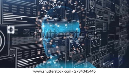 Displaying translucent 3D mesh head and torso undergoing biometric scanning in virtual HUD panels. Avatar, ai, visualization, interface, data, futuristic, analytics