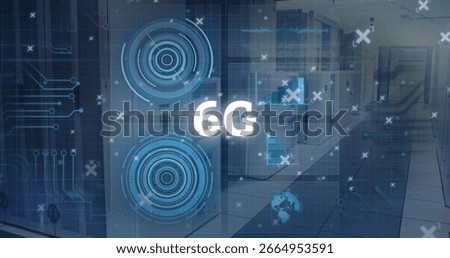 Displaying translucent blue HUD circles hovering over data center with circuit traces and 6G text. Technology, cybersecurity, innovation, enterprise, futuristic, digital, infrastructure
