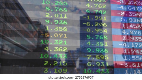 Displaying translucent digital ticker over urban street, showing LED numerals and glass facades. Cityscape, finance, overlay, gridlines, neon, reflections, skyscraper