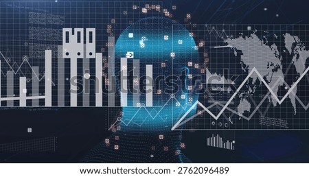 Displaying translucent dotted head processing global data on dark grid, with pixelated map. Silhouette, neon, futuristic, ai, analytics, visualization, dashboard