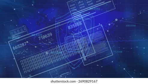 Displaying translucent keyboard blueprint over network map, with data panels, nodes and code window. Technology, cybersecurity, innovation, digital, connectivity, data visualization, networking