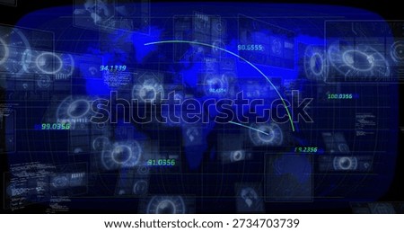 Displaying translucent map and HUD panels in control room with trajectory arcs and green readouts. Futuristic, holographic, globe, dashboard, telemetry, data, grid