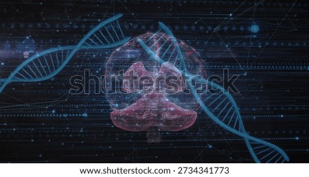Displaying translucent pink neural form glowing in digital field, with cyan DNA strands and nodes. Cerebellum, brainstem, visualization, neuroscience, biotechnology, network, grid