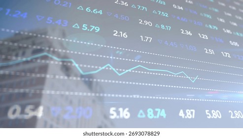 Displaying translucent ticker overlay with line graph and arrows over blurred highrise, palm frond. Technology, analytics, investment, data visualization, finance, skyscraper, innovation