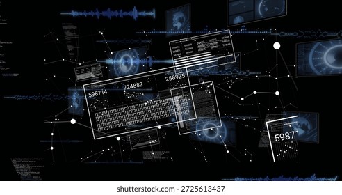 Displaying translucent UI panes and wireframe keyboard in virtual data space, with numeric strings. Cyberspace, visualization, interface, network, holographic, radar, waveform