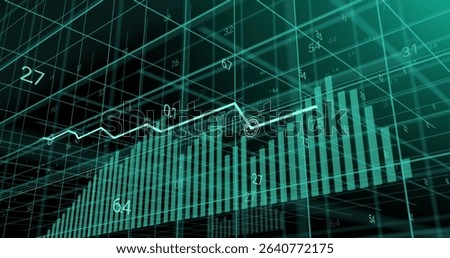 Displaying turquoise 3D bar chart in grid space, with glowing white line graph and numeric labels. Futuristic, data analytics, technology, visualization, digital, abstract, innovation