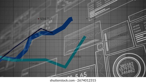 Displaying two colored line graphs ascending on dashboard grid panel, with gauge and annotations. Data, visualization, analytics, dashboard, technology, digital, graphs