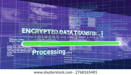 Displaying UI ENCRYPTED DATA TRANSFER... showing green bar, Processing... code, cyan grid on HUD. Neon, cyber, interface, dashboard, futuristic, transmission, encryption