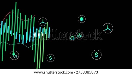 Displaying vertical bar chart on black dashboard, showing trend lines and energy icons, copy space. Histogram, visualization, neon, cyan, green, minimalist, infographic