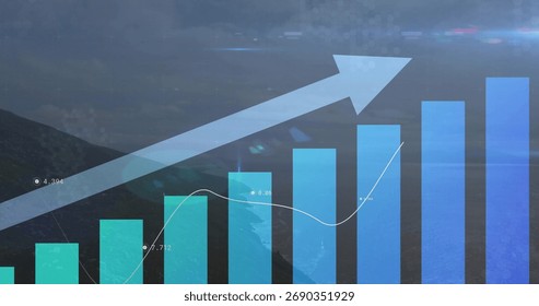 Displaying vertical bar chart with overlay line graph and upward arrow on aerial coastal landscape. Infographic, analytics, growth, progress, digital, data-driven, modern