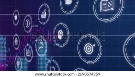 Displaying visualization in dashboard with interface icons, world map and pink, blue line graphs. Analytics, data, technology, visualization, digital, interface, dashboard