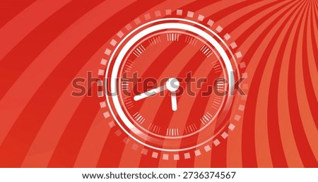 Displaying white analog clock dominating red poster, showing rings, square markers, white hands. Timepiece, geometric, vector, modern, abstract, radial, gradient