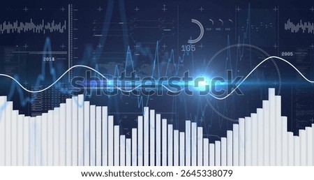 Displaying white bar chart columns in data dashboard, with curving line graphs, radial gauge. Futuristic, technology, analysis, visualization, digital, infographic, interface