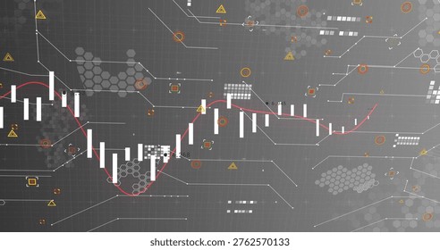 Displaying white candlestick bars tracking red trend line on financial dashboard, warning icons. Bargraph, grid, hexagon, clusters, circuit, connectors, markers