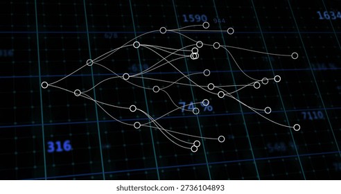 Displaying white circular nodes connecting across virtual teal-blue grid plane, with numeric labels. Network, connectivity, circles, glow, 3d, abstract, digital