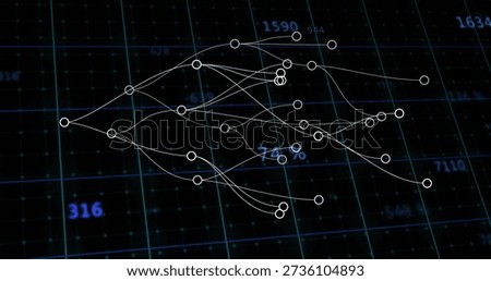 Displaying white circular nodes connecting across virtual teal-blue grid plane, with numeric labels. Network, connectivity, circles, glow, 3d, abstract, digital