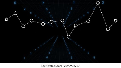 Displaying white dotted-line graph nodes over dark grid in 3D data space, with blue numeric labels. Data, visualization, technology, digital, futuristic, analytics, artificial intelligence