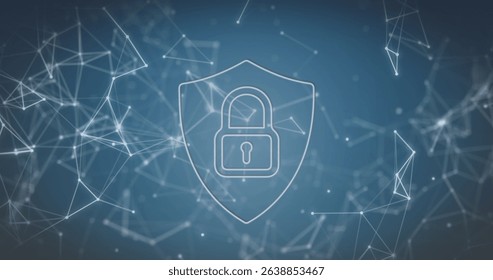 Displaying white shield emblem securing abstract digital network with padlock icon, nodes and lines. Cybersecurity, protection, security, technology, innovation, digital, network