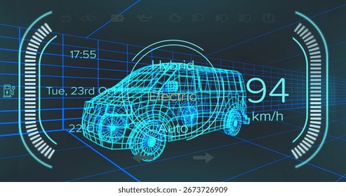 Displaying wireframe 3D van rotating in virtual cockpit simulation, with speed readout overlays. Futuristic, technology, digital, innovation, interface, automotive, virtual