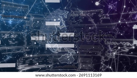 Displaying wireframe Asia-Pacific map in network interface showing glowing nodes, lines and panels. Technology, connectivity, innovation, cyberspace, data, digital, intelligence
