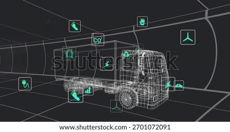 Displaying wireframe box truck floating inside virtual tunnel, showing grid floor, energy CO2 icons. Vehicle, telemetry, simulation, futuristic, neon, analytics, sustainability