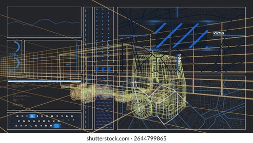 Displaying wireframe forklift model floating in diagnostic interface, with line chart and gauges. Technology, engineering, visualization, analytics, diagnostics, futurism, digital