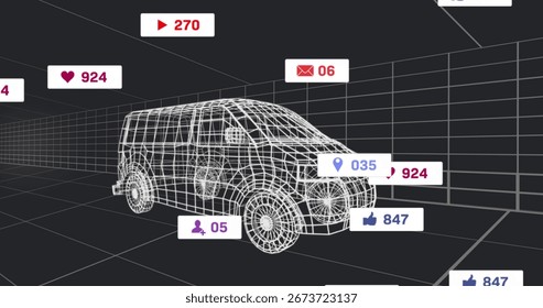 Displaying wireframe van model floating inside virtual 3D grid tunnel, hovering social media icons. Futuristic, digital, technology, visualization, innovation, networking, virtual