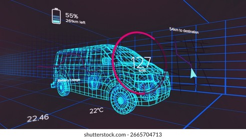 Displaying wireframe van model speeding through digital grid, with gauge battery navigation arrow. Technology, automotive, 3d modeling, digital environment, futurism, navigation, transportation