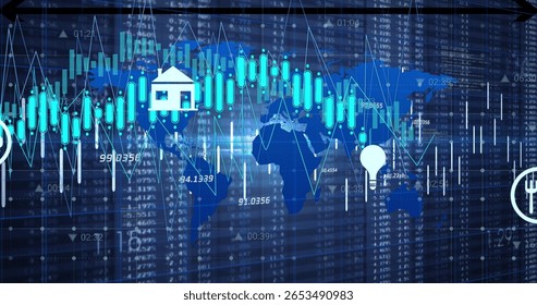 Displaying world map financial chart with candlestick bars and sector icons on trading interface. Finance, data visualization, technology, analytics, investment, digital, marketplace