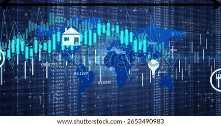 Displaying world map financial chart with candlestick bars and sector icons on trading interface. Finance, data visualization, technology, analytics, investment, digital, marketplace