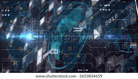Displaying world map with hex grid and data nodes in control room with caution icons. Technology, data visualization, futuristic, digital interface, network, analytics, information